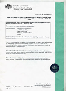 DXN GMP Certificado de planta de fabricación de TGA, Australia